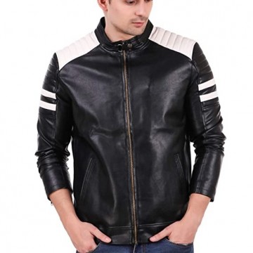 Men's Biker Leather Jacket White Stripes on Sleeves