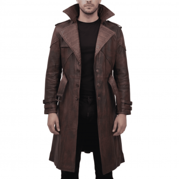 Men's Brown Vintage Leather Gambit Trench Coat