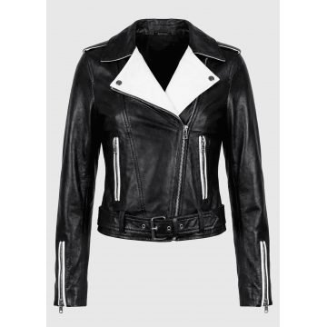 Women's Black White Two-Tone Leather Biker Jacket