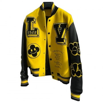 New Men's LV Letterman Yellow and Black Leather Jacket